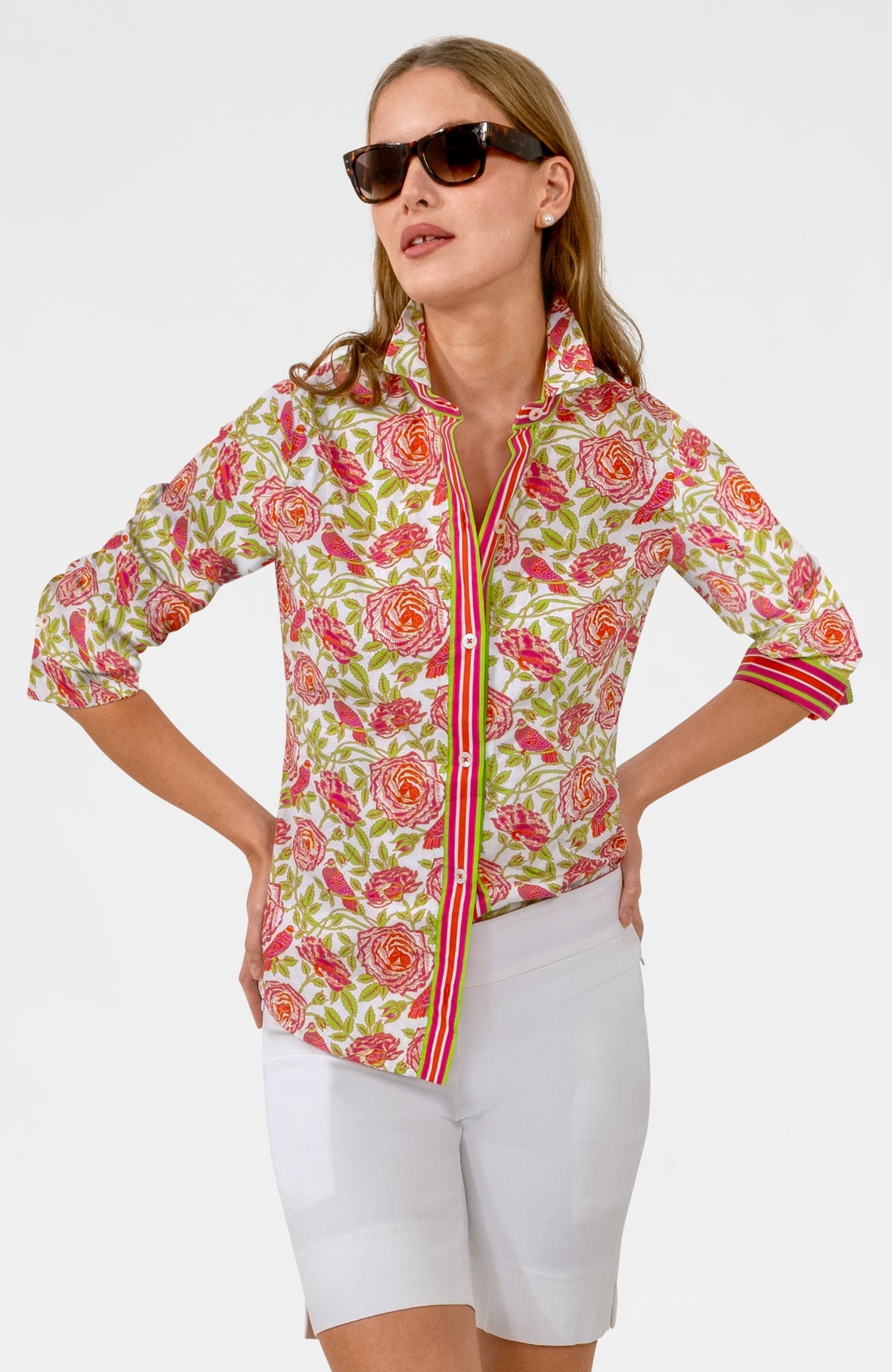 Womens Gretchen Scott Boyfriend Shirt in Pink/Lime Smell the Roses