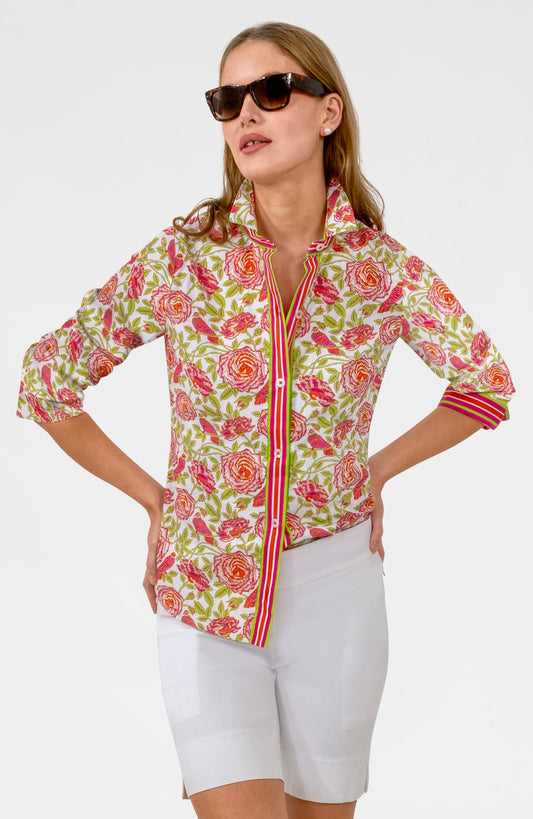 Womens Gretchen Scott Boyfriend Shirt in Pink/Lime Smell the Roses