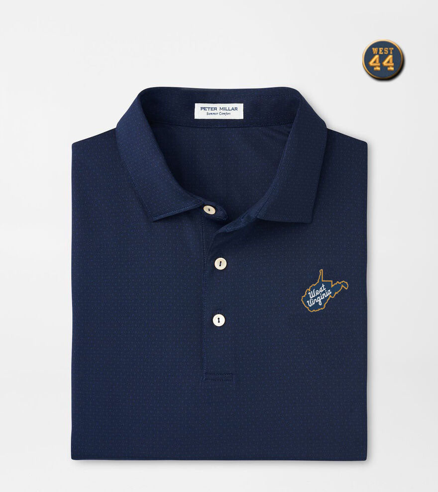 WVU Jerry West Peter Millar Tesseract Performance Jersey Polo in Navy-State Script