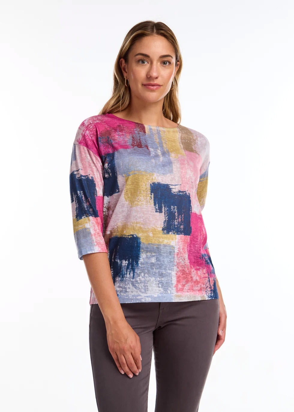 Womens FDJ 3/4 Sleeve Drop Shoulder Top in Abstract Print