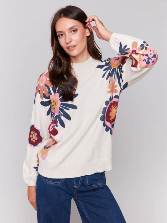 Womens Charlie B Floral Print Mock Neck Sweater in Beige