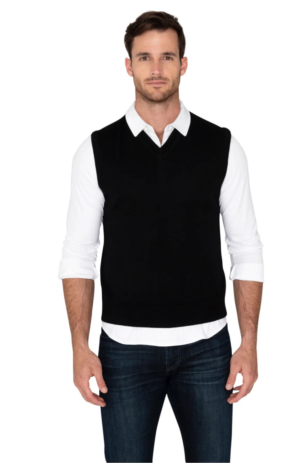 Raffi Whitman V-Neck Merino Wool Sweater Vest in Black