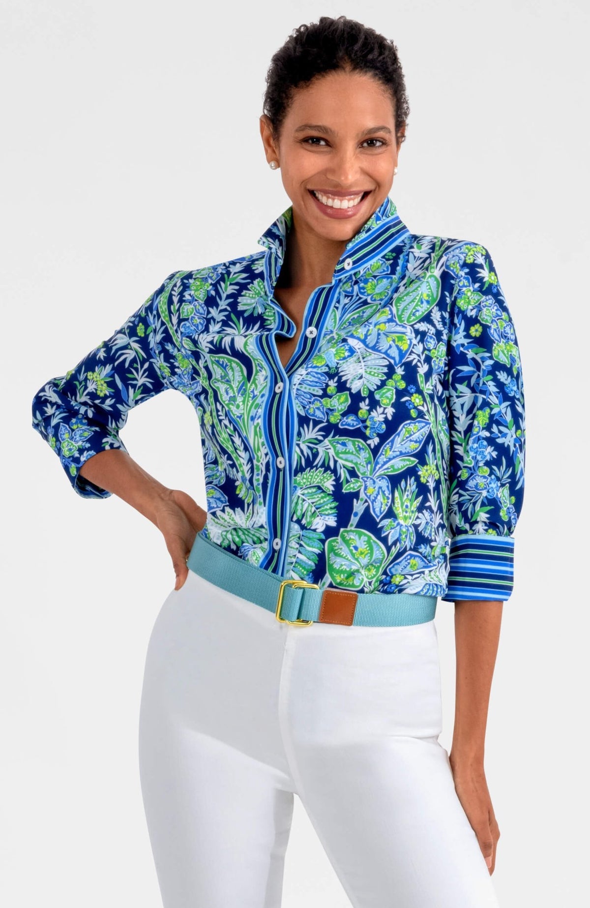 Womens Gretchen Scott Boyfriend Shirt - Vintage Vines in Navy