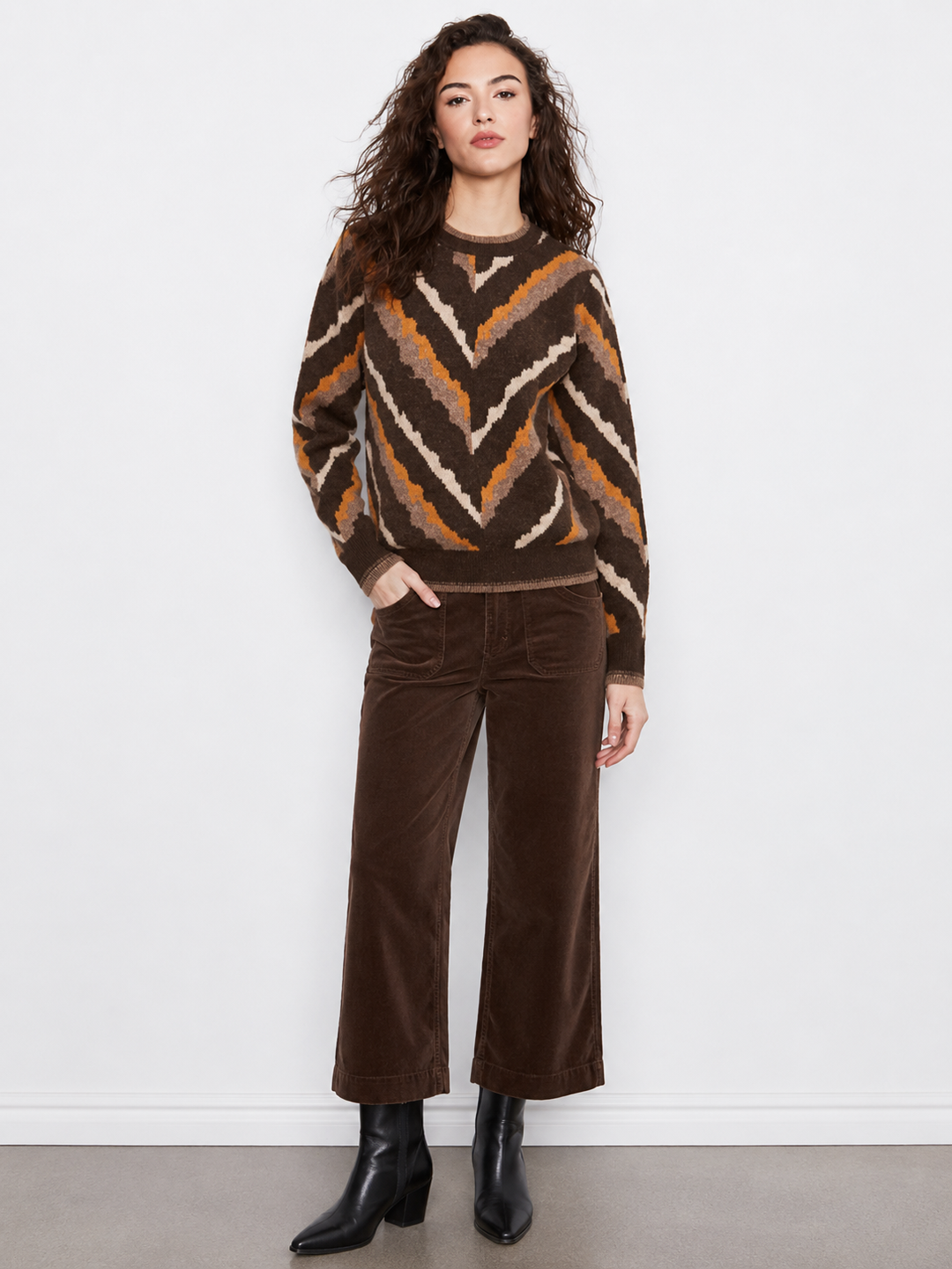 Womens Charlie B Crew Neck Jacquard Sweater in Brownie
