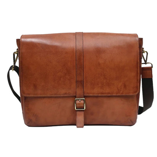 Boconi Darius Leather Laptop Messenger Bag in Cognac