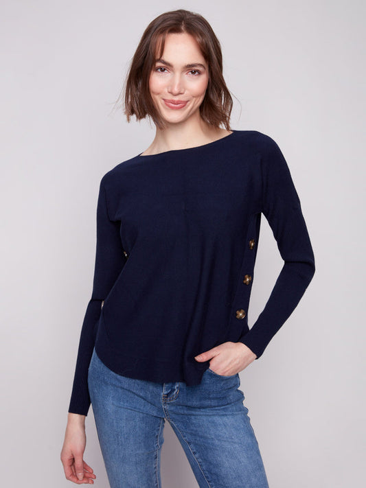 Womens Charlie B Boat Neck Sweater with Side Buttons in Navy