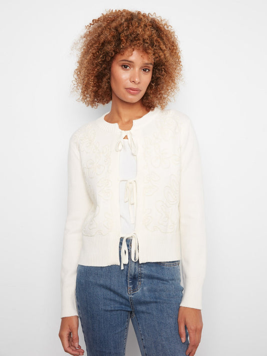 Womens Charlie B Bow Tie Jacquard Knit Cardigan in Ecru