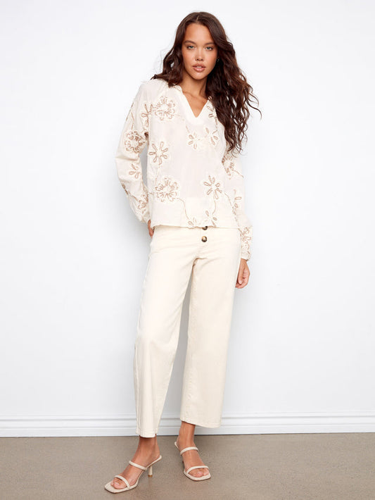 Womens Charlie B Embroidered Popover Blouse in Ecru
