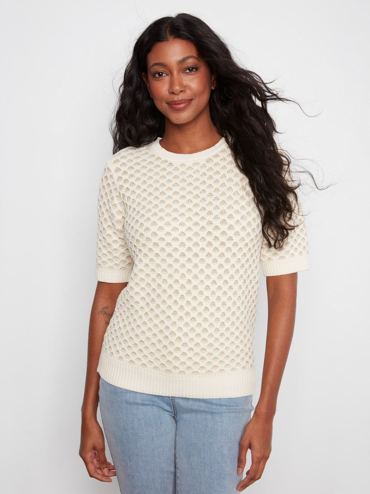 Womens Charlie B Metallic Honeycomb Crewneck Sweater in Ecru