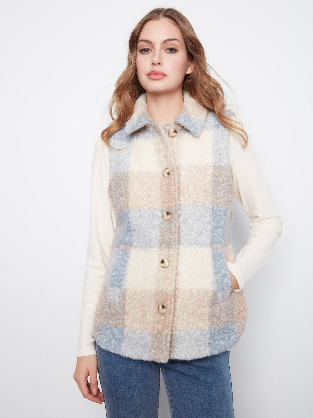 Womens Charlie B Plaid Boucle Knit Vest in Celestial
