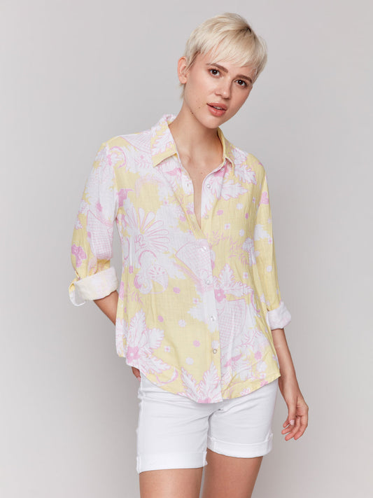 Womens Charlie B Printed Roll Up Sleeve Shirt in Lemonade