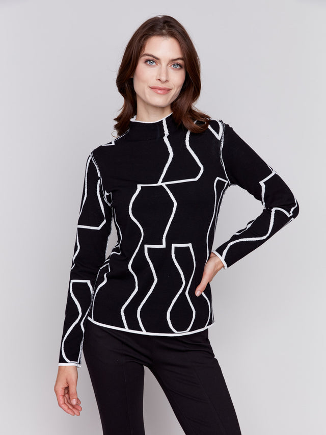 Womens Charlie B Reversible Jacquard Mock Neck Sweater in Black/Cream