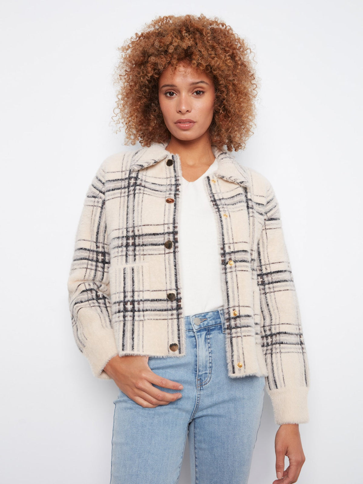 Womens Charlie B Short Plaid Knit Jacket in Oatmeal