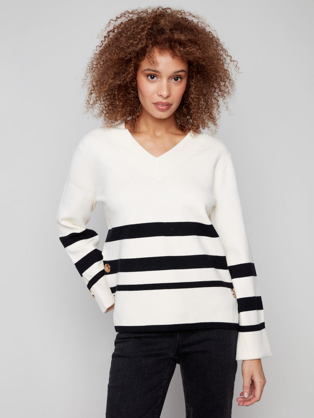 Womens Charlie B Striped Wide Cuff V-Neck Sweater in Ecru
