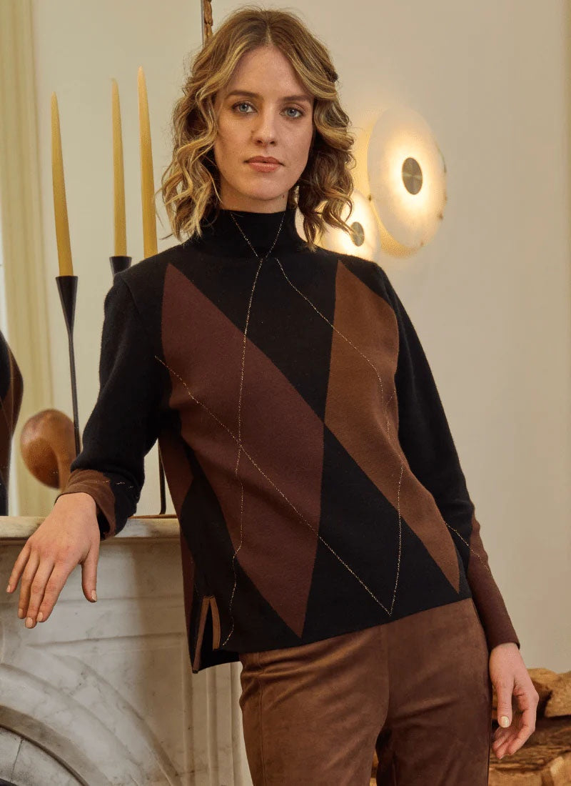 Womens Lysse Greta Diamond Jacquard Sweater in Brown/Black