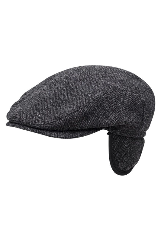 Wigens Slim Wool Earflap Cap in Dark Grey Shetland