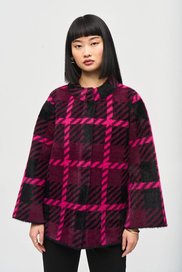 Womens Joseph Ribkoff Tartan Oversized Blend Coat in Pink Punch/Black