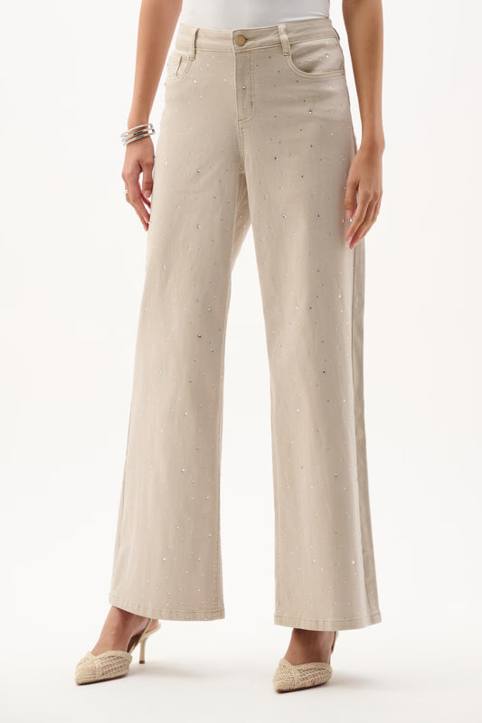 Womens Joseph Ribkoff Wide Leg Jewel Embellished Pant in Beige