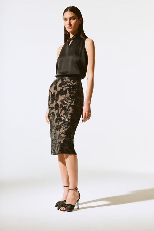 Womens Joseph Ribkoff Embroidered Floral Midi Skirt in Black