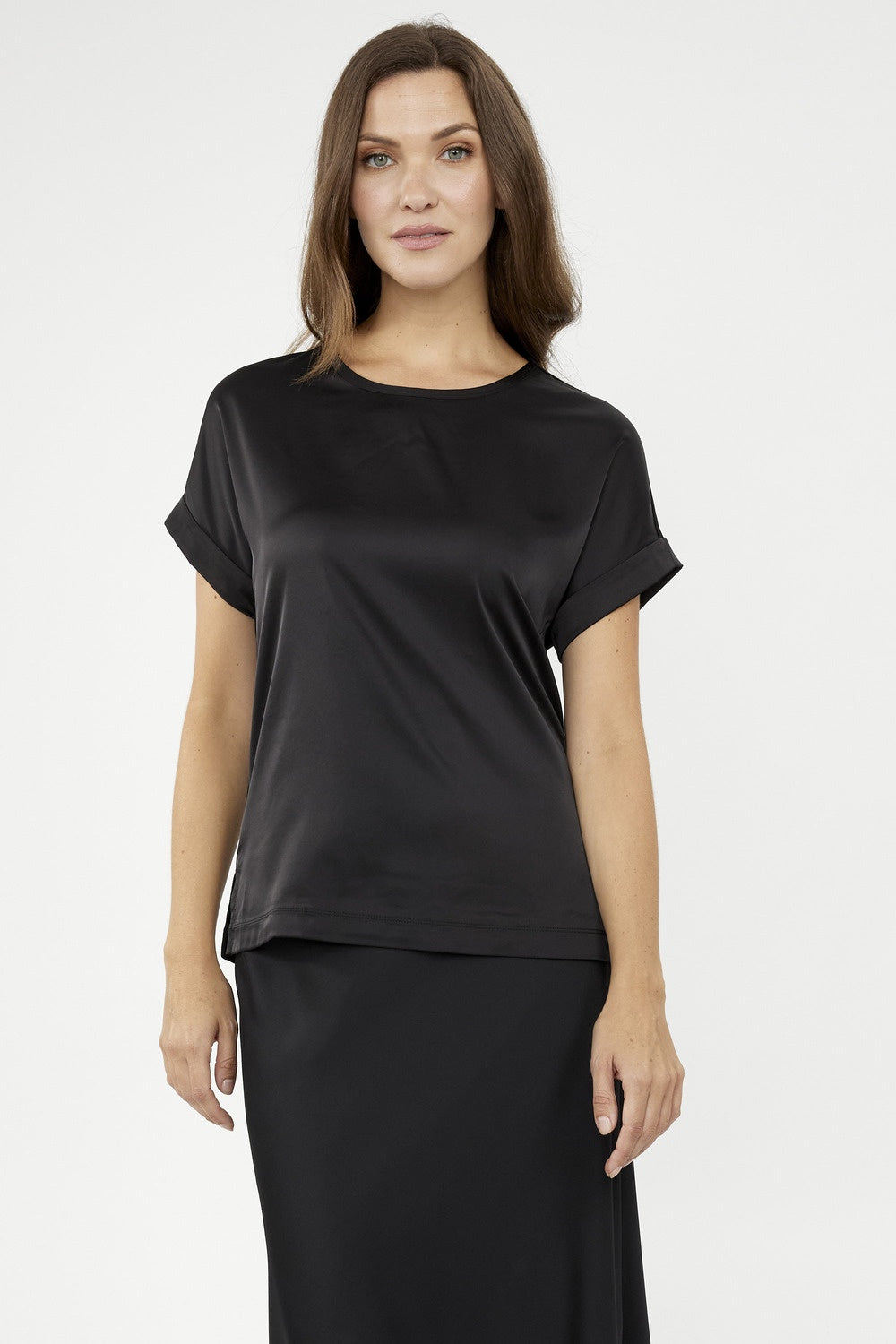 Womens Joseph Ribkoff Satin Front Short Sleeve Top in Black