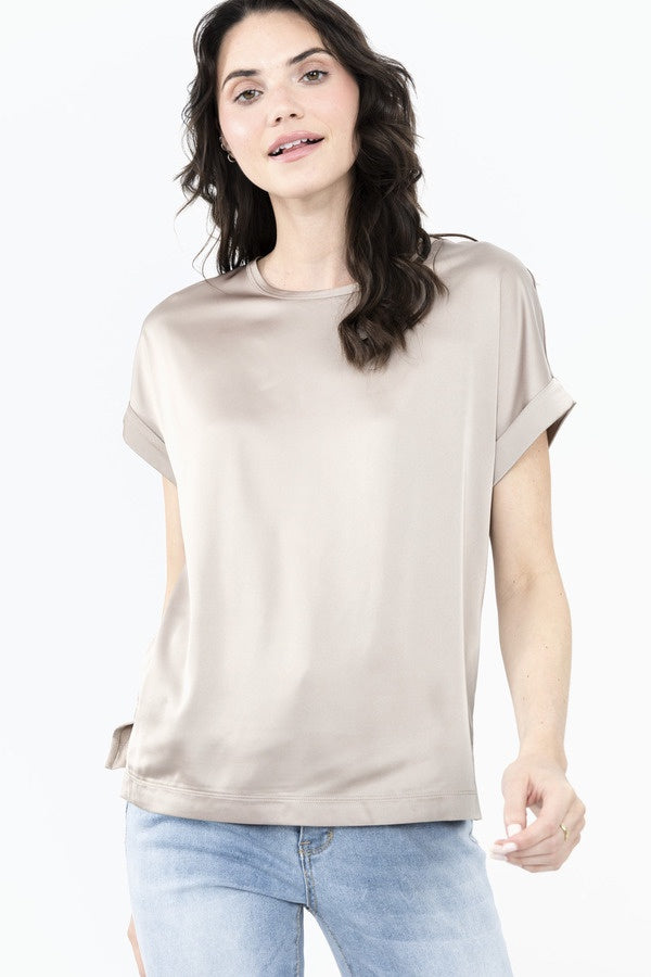 Womens Joseph Ribkoff Satin Front Short Sleeve Top in Dune