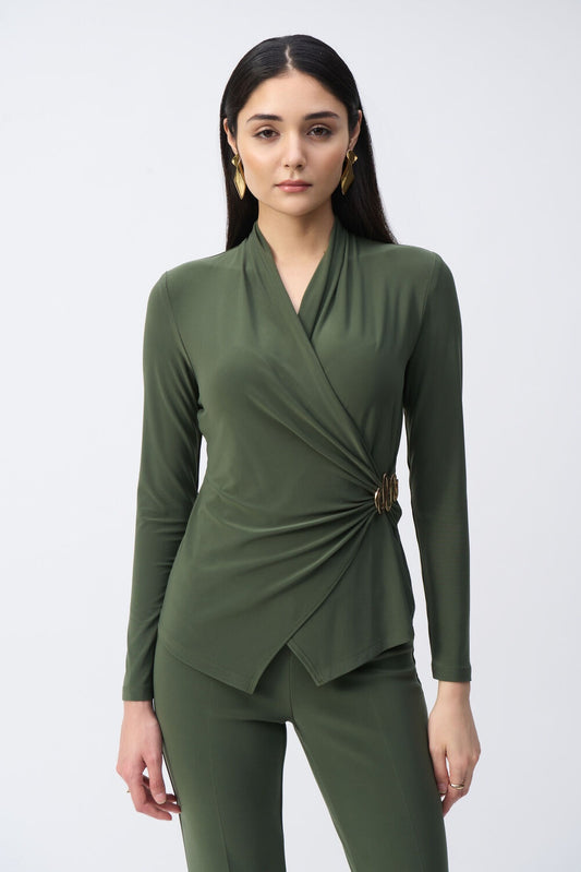 Womens Joseph Ribkoff V-Neck Pullover with Belt in Iguana