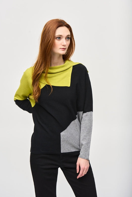 Womens Joseph Ribkoff Color Blocked Sweater Top in Wasabi/Black/Grey Melange