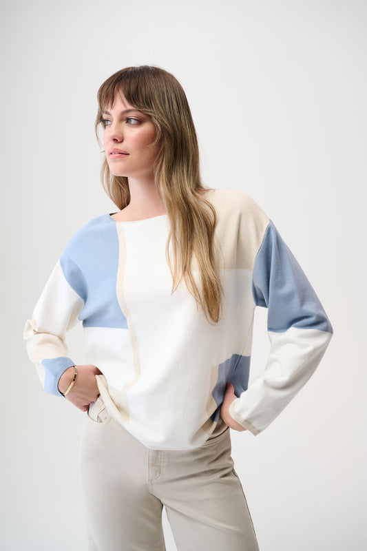 Womens Joseph Ribkoff Geometric Boat Neck Pullover in Winter White/Birch/Chambray