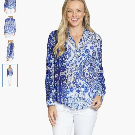 Womens APNY Button Up Blouse in Blue Paisley