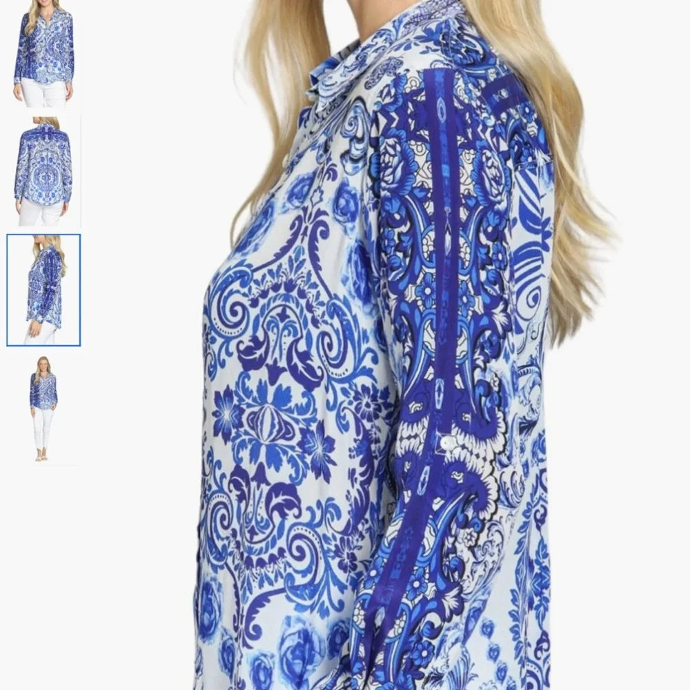 Womens APNY Button Up Blouse in Blue Paisley