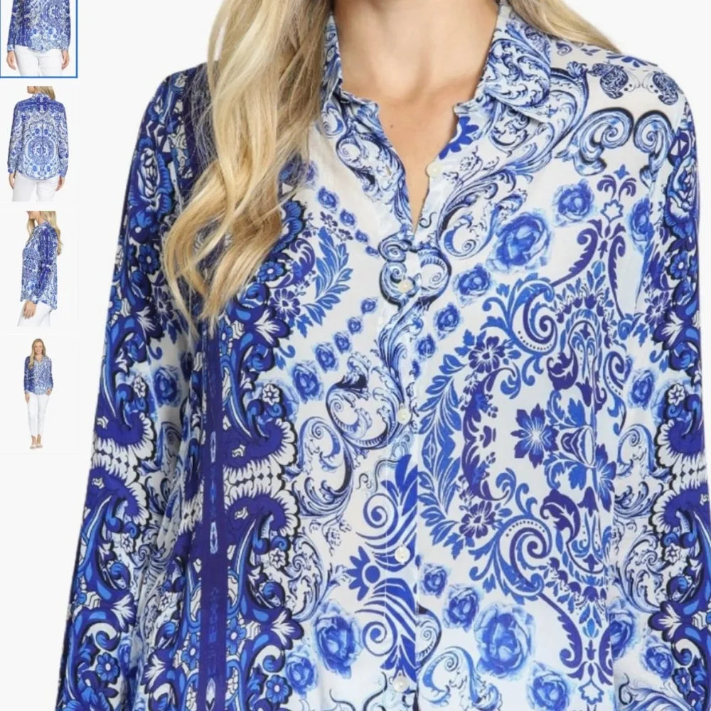 Womens APNY Button Up Blouse in Blue Paisley