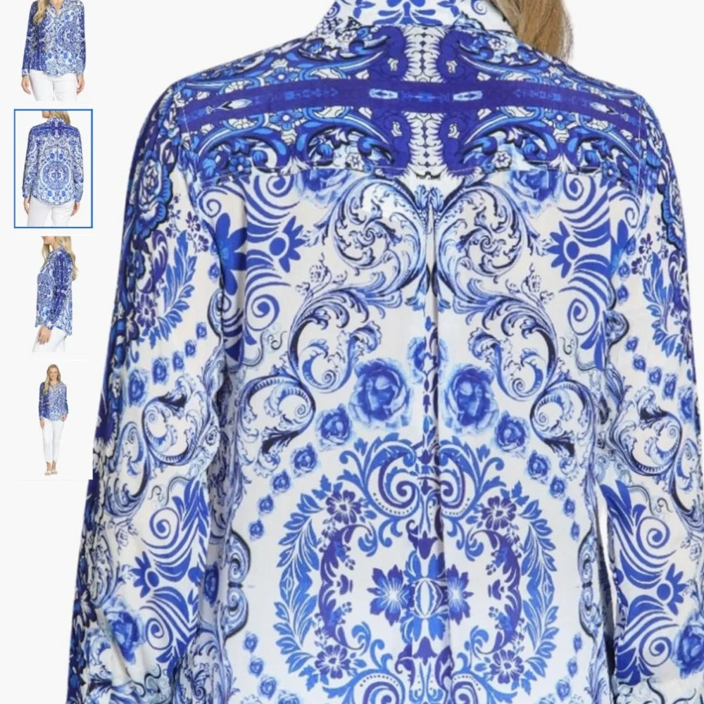 Womens APNY Button Up Blouse in Blue Paisley