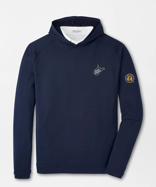 WVU Jerry West Peter Millar Pine Logo Performance Hoodie in Navy-State Script