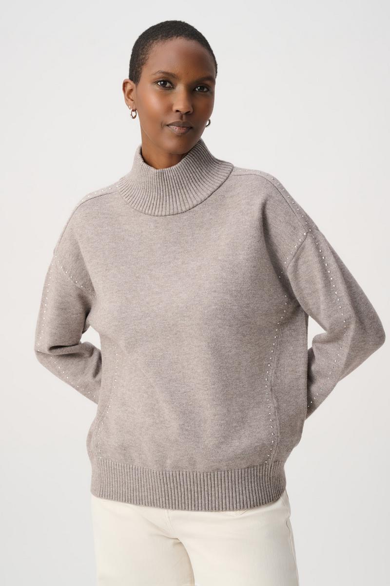 Womens Joseph Ribkoff Jewel Embellished Turtleneck Pullover in Taupe Melange