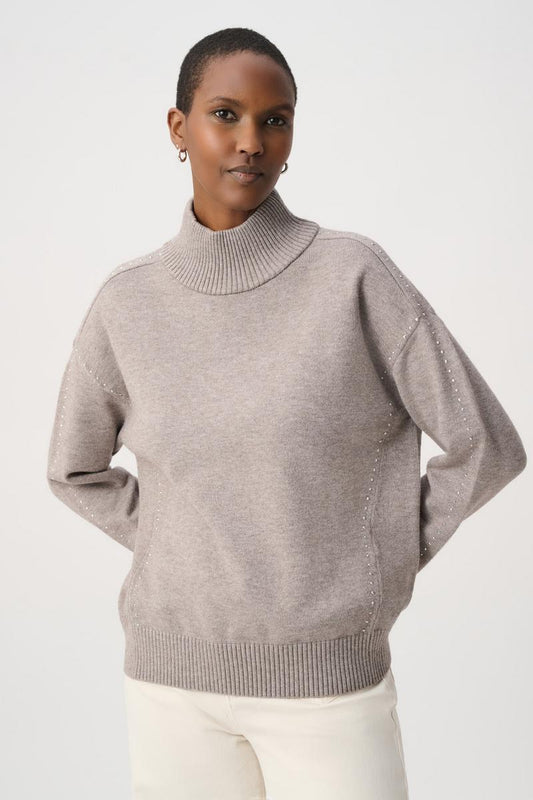 Womens Joseph Ribkoff Jewel Embellished Turtleneck Pullover in Taupe Melange
