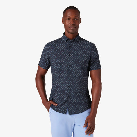 Mizzen + Main Leeward Trim Fit Short Sleeve Sportshirt in Navy Multi Leaf Print
