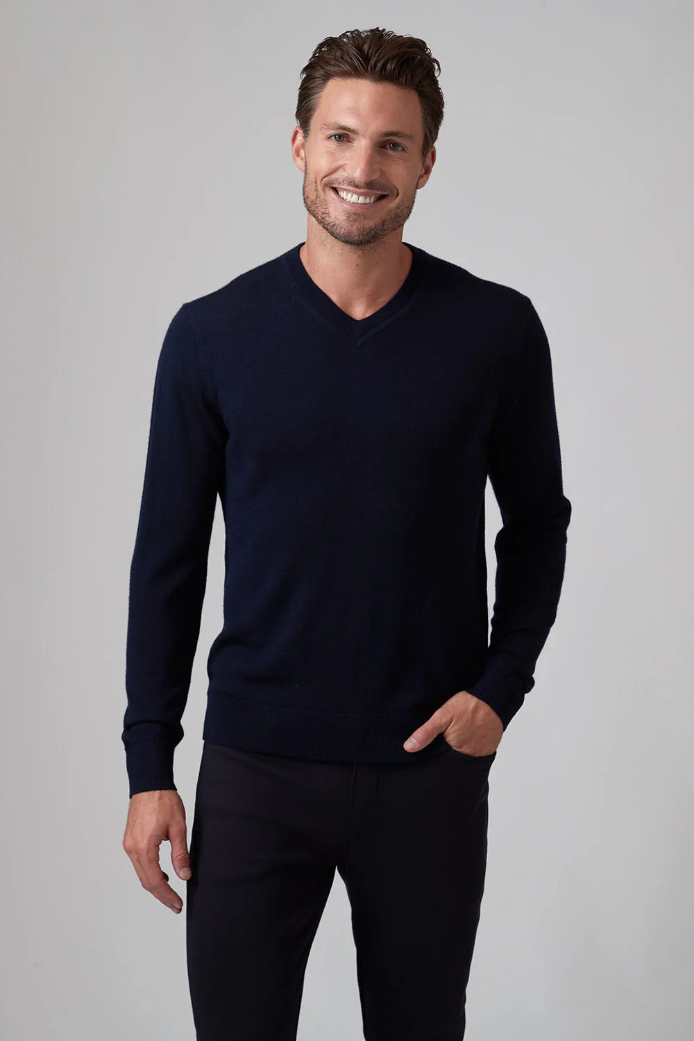 Raffi Bronson Merino Wool V-Neck Sweater in Navy