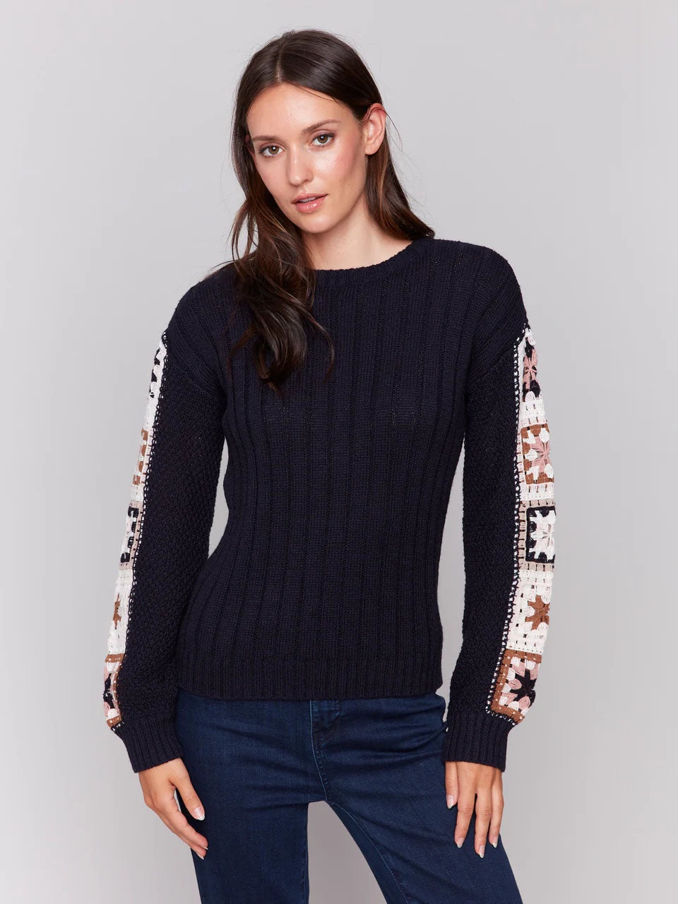 Womens Charlie B Sweater with Crochet Sleeves in Navy