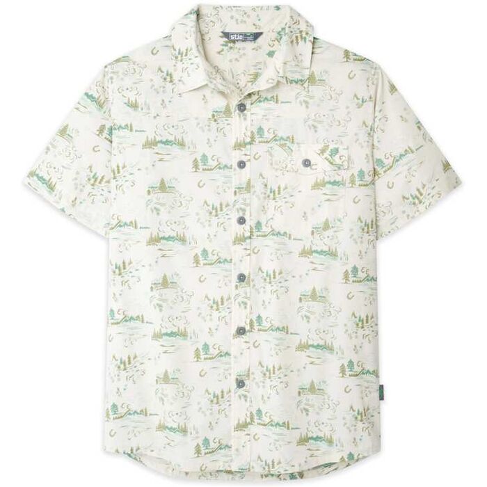 Stio Mens Curtis Short Sleeve Camp Shirt in Mountain Goat Wy Landscape