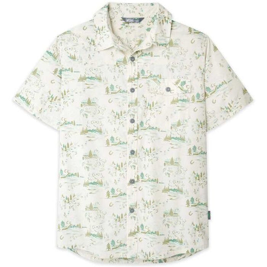 Stio Mens Curtis Short Sleeve Camp Shirt in Mountain Goat Wy Landscape