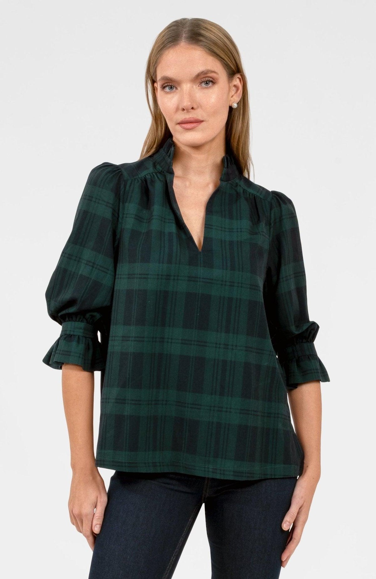 Womens Gretchen Scott Ruffleneck Tunic in Black Watch Plaid