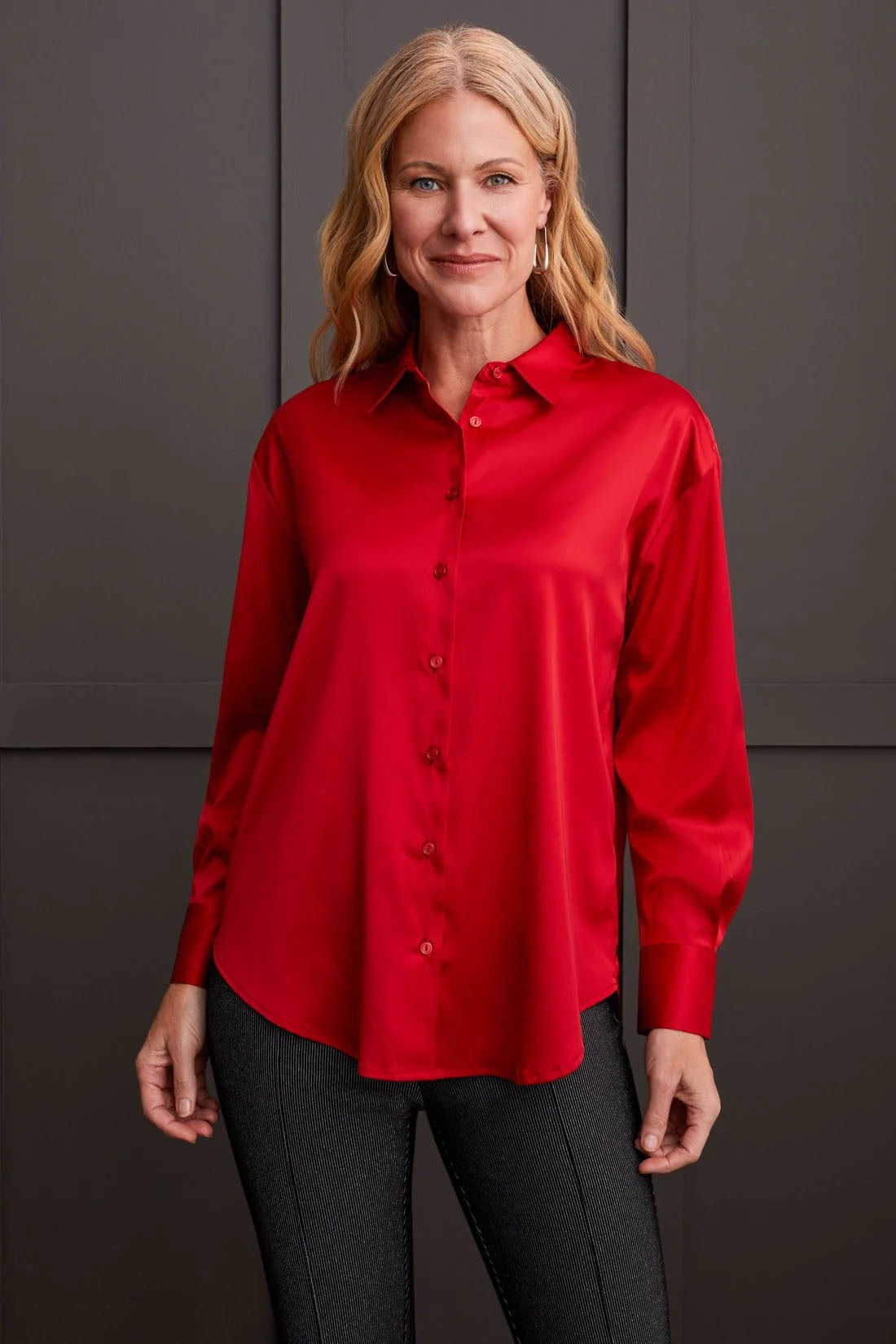 Womens Tribal Flowy Satin Button Up Shirt in Scarlett