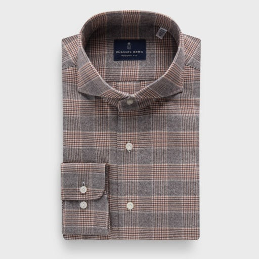 Emanuel Berg Cotton Luxe Plaid Flannel Sport Shirt in Medium Brown