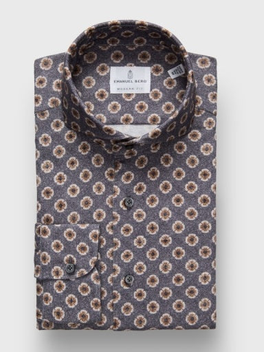 Emanuel Berg Premium Jersey Sport Shirt in Brown Flower Pattern