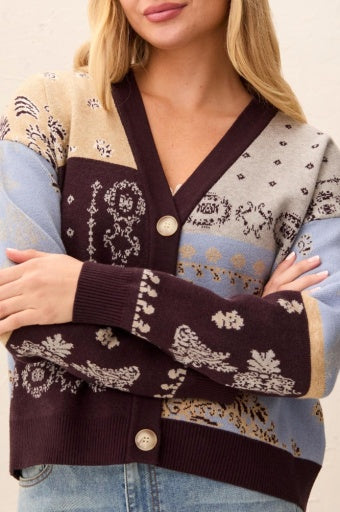 Womens Tribal Novelty Jacquard V-Neck Sweater Cardigan in Satin Sky