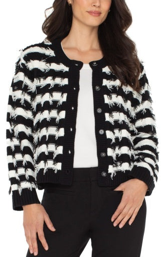 Womens Liverpool Long Sleeve Cardigan Sweater in Black White Fringe Stripe