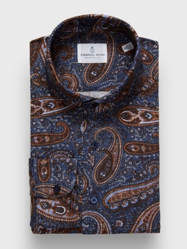 Emanuel Berg Premium Jersey Sport Shirt in Dark Blue Paisley