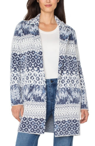 Womens Liverpool Open Front Coatigan Sweater in Navy Shibori Mixed Texture
