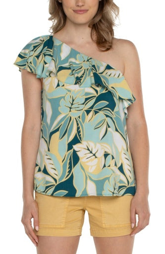 Womens Liverpool One Shoulder Ruffle Printed Woven Top in Teal Tropical