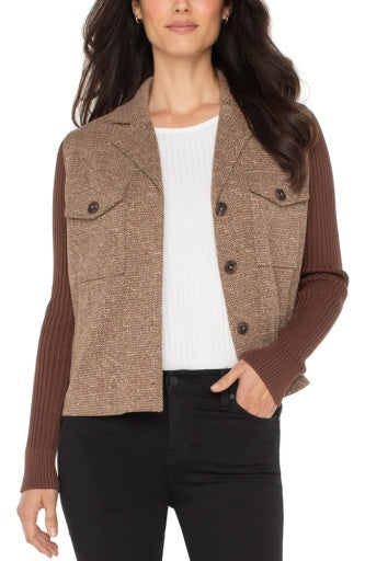Womens Liverpool Shacket with Sweater Sleeves in Brown/Camel Herringbone